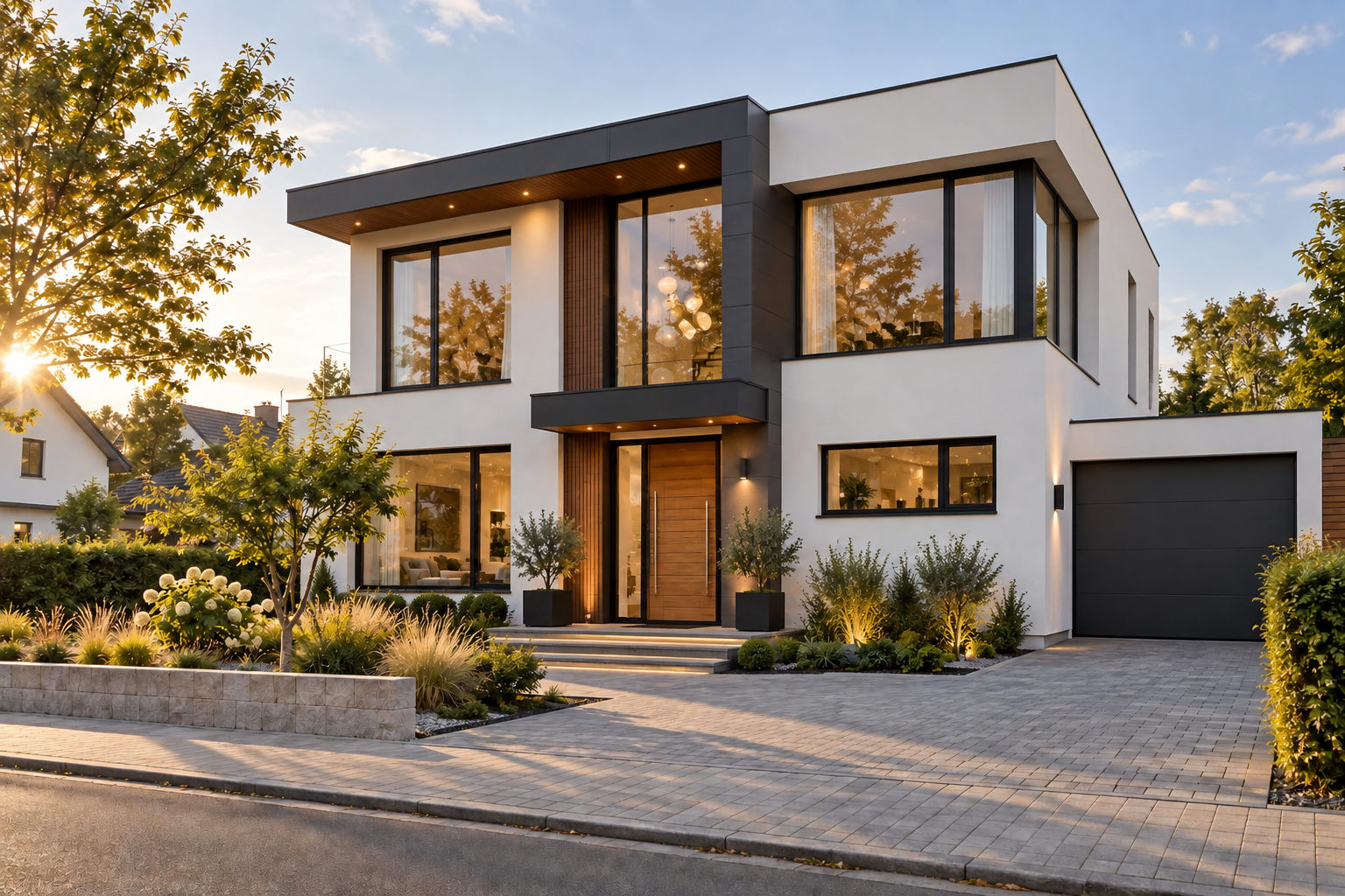Modernes Wohnhaus mit heller Fassade, dunklen Fenstern und einem Eingang aus Holz
